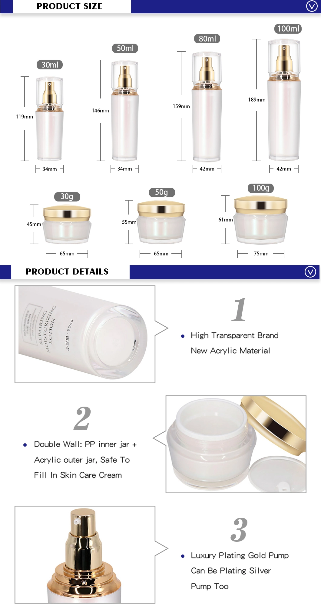 White High-End Acrylic Containers Cosmetic Packaging Cream Jar and Lotion Plastic Bottles